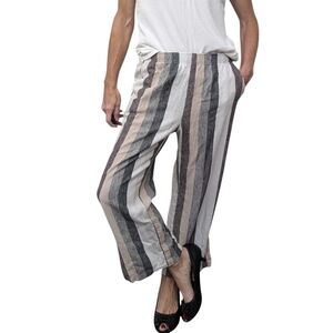 Vintage Focus LINEN Blend Cropped Striped Neutral Pull-Up Pants Slacks Size S